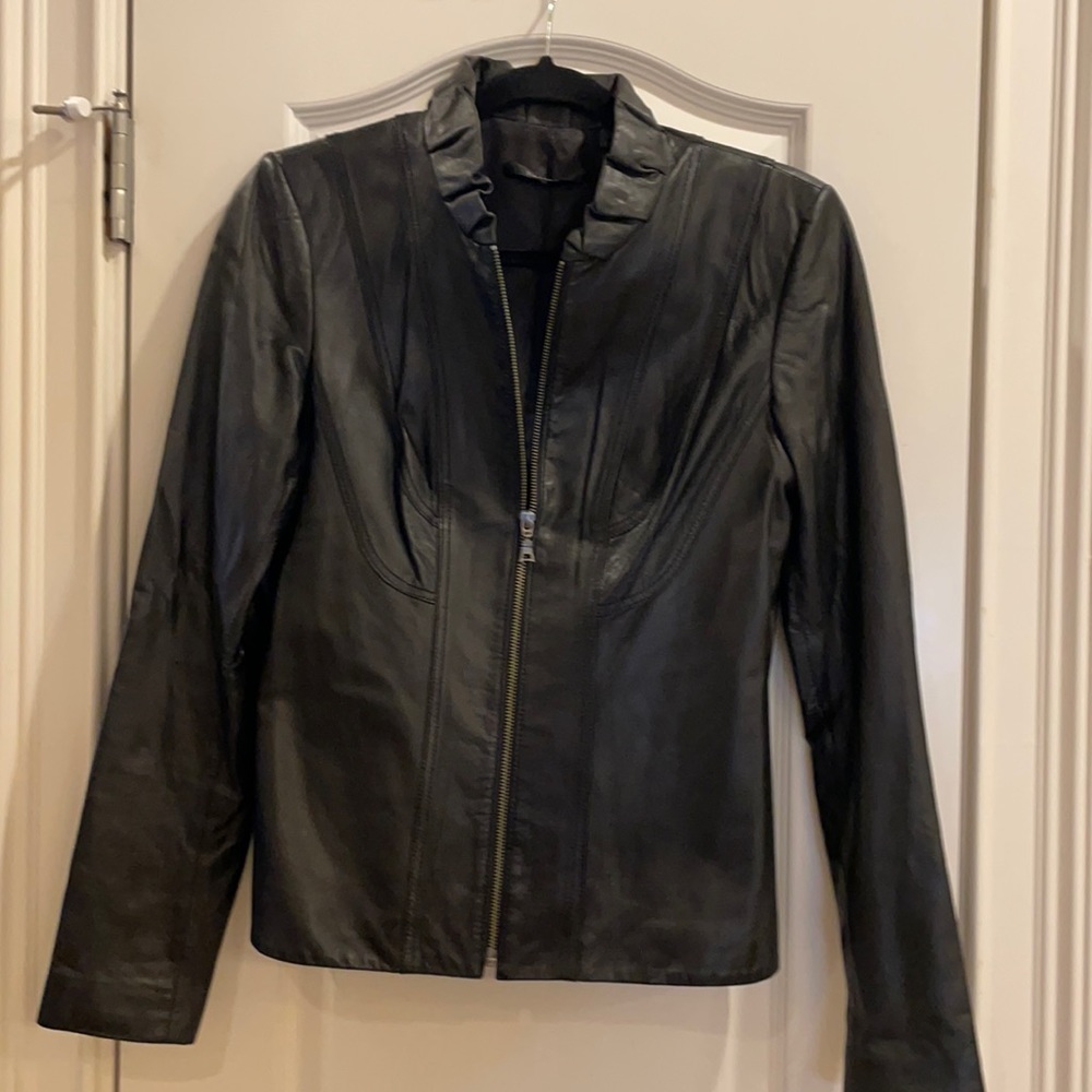 Tahari Leather Jacket with ruffle neck